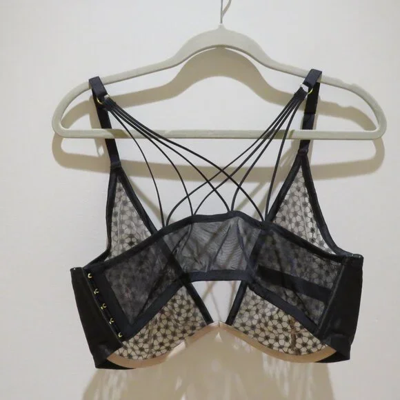 VICTORIA'S SECRET Starburst Unlined Plunge Bra Semi Sheer 38DD Black Mesh - Picture 10 of 12